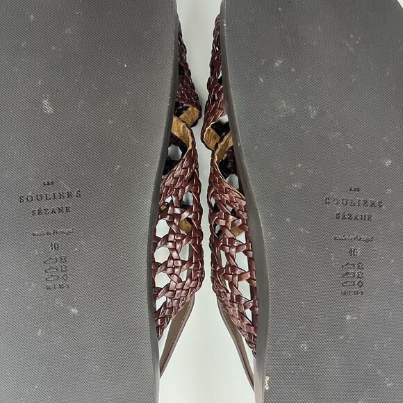 Sezane Tilda Low Sandals Size 9 Brown Smooth Woven Leather Flats Buckle Shoes - Picture 13 of 16